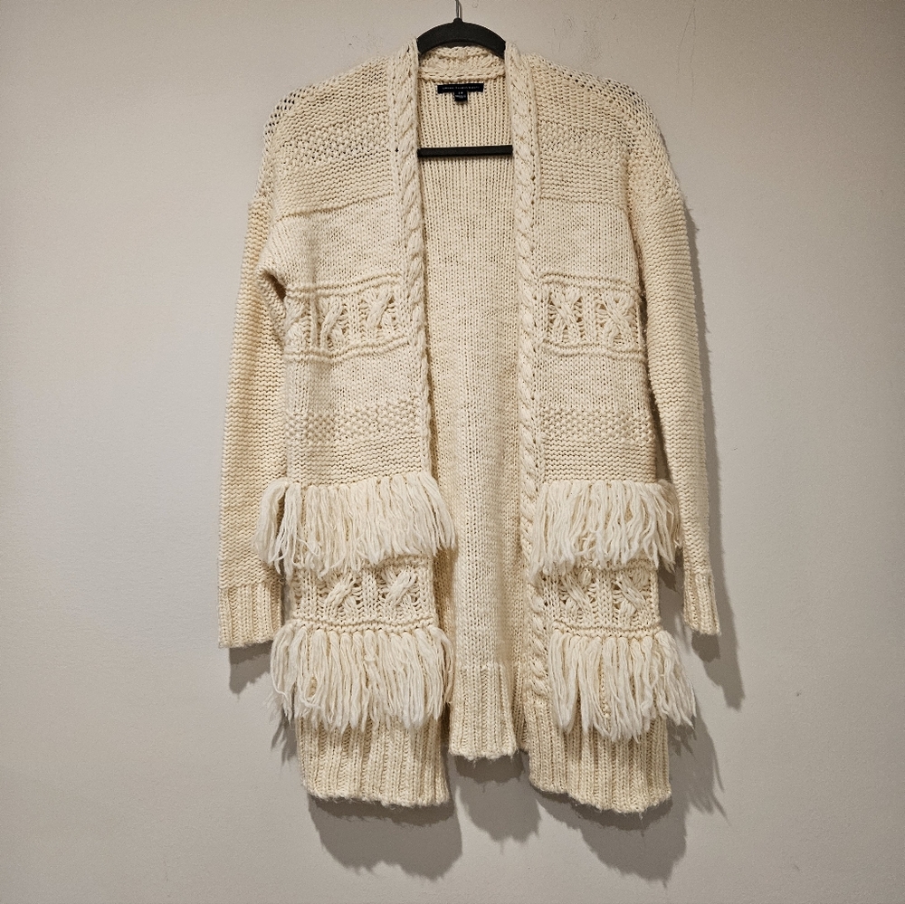 American Eagle Outfitters Cream Fringe Cardigan, Size Small